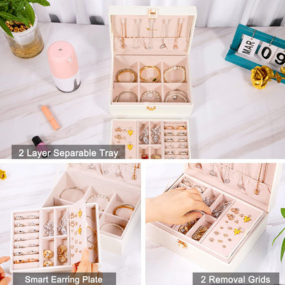 Jewellery Box Organiser for Women Girls, 2 Layers Large Jewelry Storage Case, PU Leather Jewlerrying Display Holder with Removable Tray for Necklace Earrings Rings Bracelets, Gifts, White