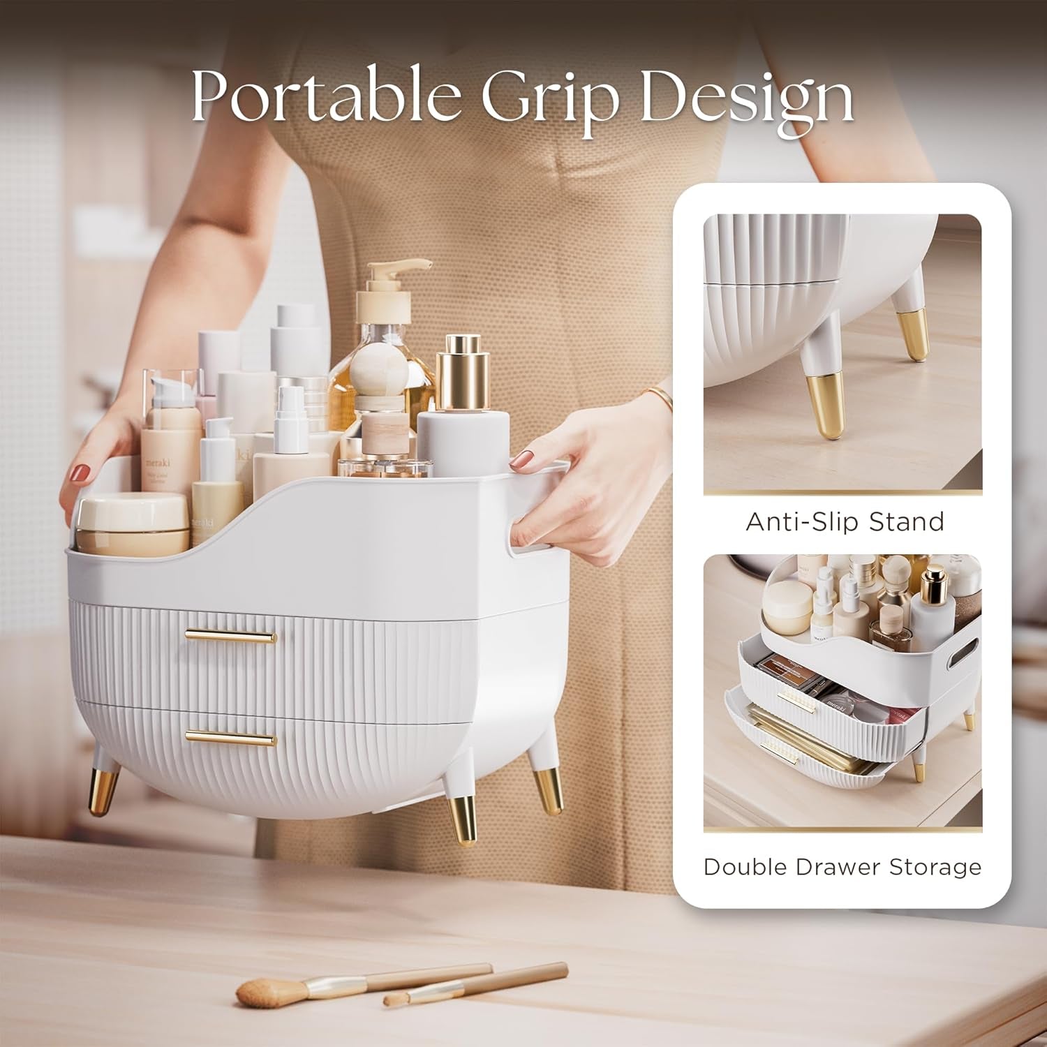 Makeup Storage Organizer with Drawers, Large Cosmetic Organisers Case for Vanity, Skincare Organiser for Lipsticks, Nail Care, Ideal for Vanity, Bathroom, Desk Organization (White)