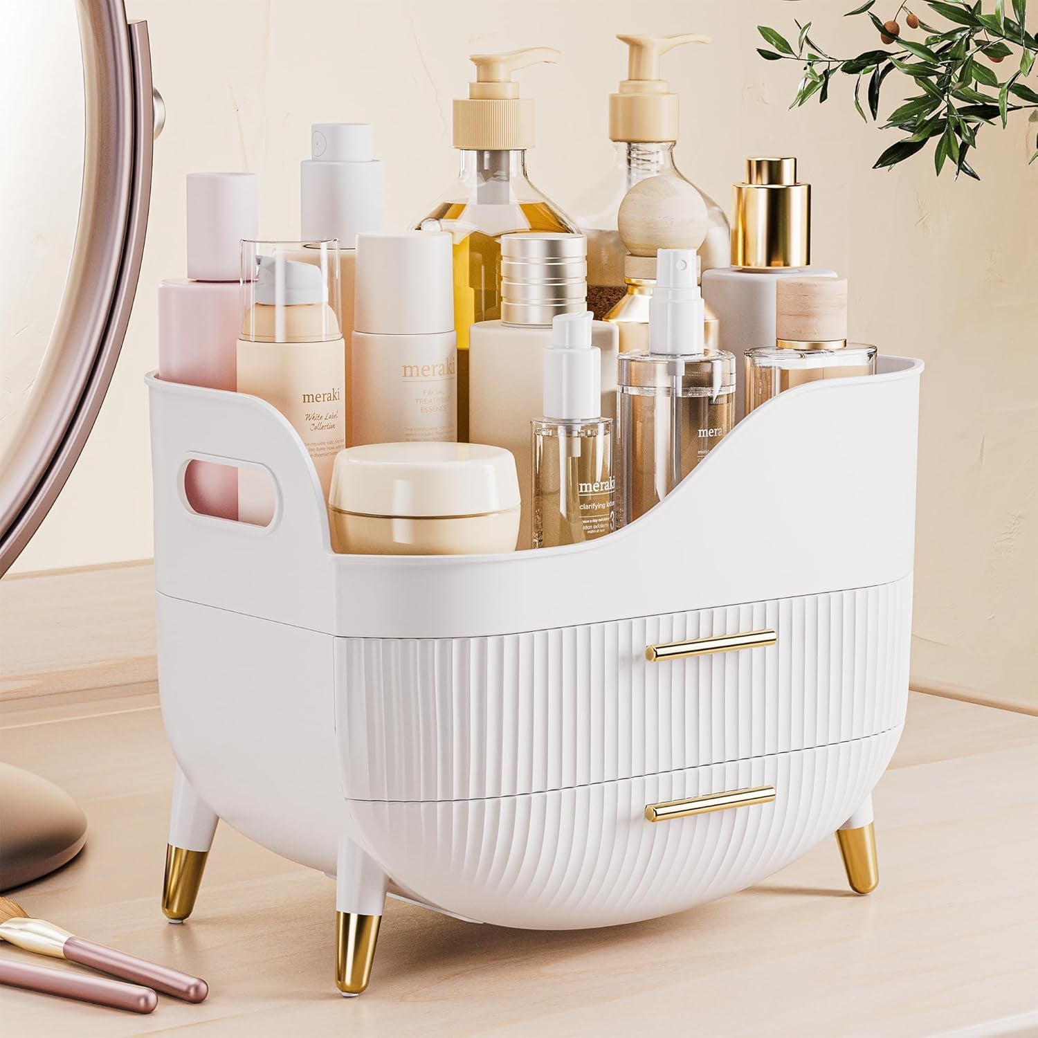 Makeup Storage Organizer with Drawers, Large Cosmetic Organisers Case for Vanity, Skincare Organiser for Lipsticks, Nail Care, Ideal for Vanity, Bathroom, Desk Organization (White)