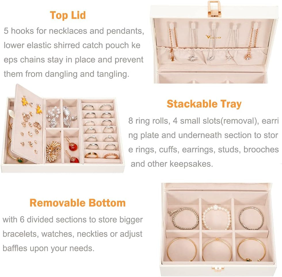 Jewellery Box Organiser for Women Girls, 2 Layers Large Jewelry Storage Case, PU Leather Jewlerrying Display Holder with Removable Tray for Necklace Earrings Rings Bracelets, Gifts, White