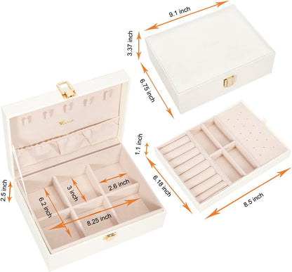 Jewellery Box Organiser for Women Girls, 2 Layers Large Jewelry Storage Case, PU Leather Jewlerrying Display Holder with Removable Tray for Necklace Earrings Rings Bracelets, Gifts, White