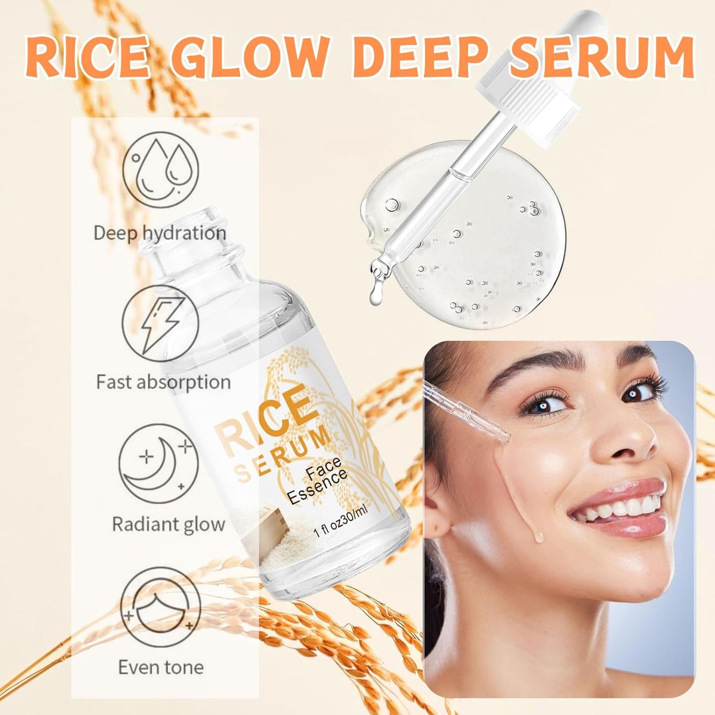 Rice Serum - Korean Anti-Wrinkle & Brightening Face with Hyaluronic Acid, Hydrating Formula for Dull Skin, Moisturizing & Nourishing Skincare Essence 30Ml