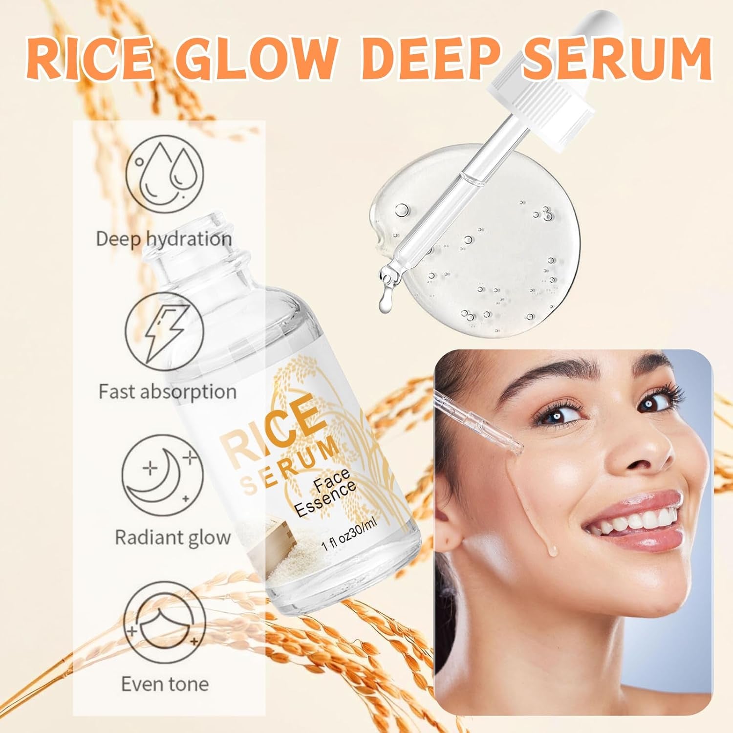 Rice Serum - Korean Anti-Wrinkle & Brightening Face with Hyaluronic Acid, Hydrating Formula for Dull Skin, Moisturizing & Nourishing Skincare Essence 30Ml