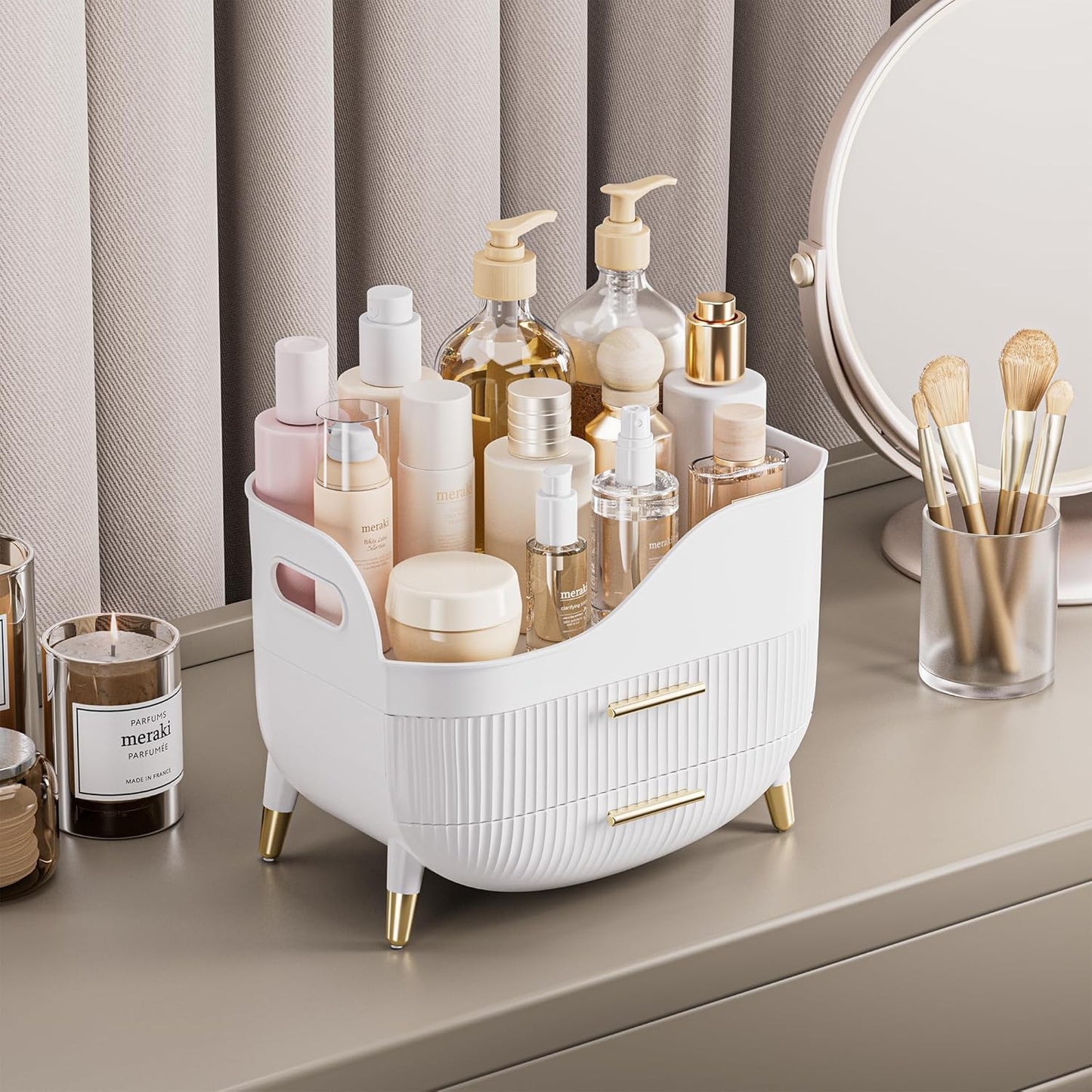 Makeup Storage Organizer with Drawers, Large Cosmetic Organisers Case for Vanity, Skincare Organiser for Lipsticks, Nail Care, Ideal for Vanity, Bathroom, Desk Organization (White)