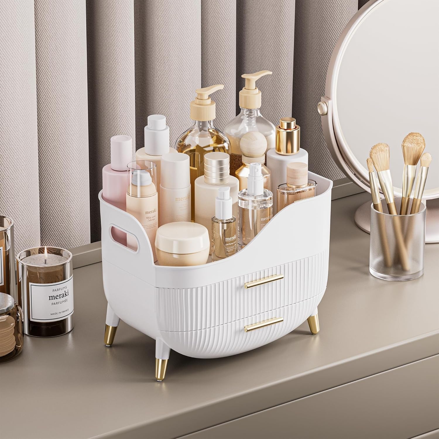 Makeup Storage Organizer with Drawers, Large Cosmetic Organisers Case for Vanity, Skincare Organiser for Lipsticks, Nail Care, Ideal for Vanity, Bathroom, Desk Organization (White)