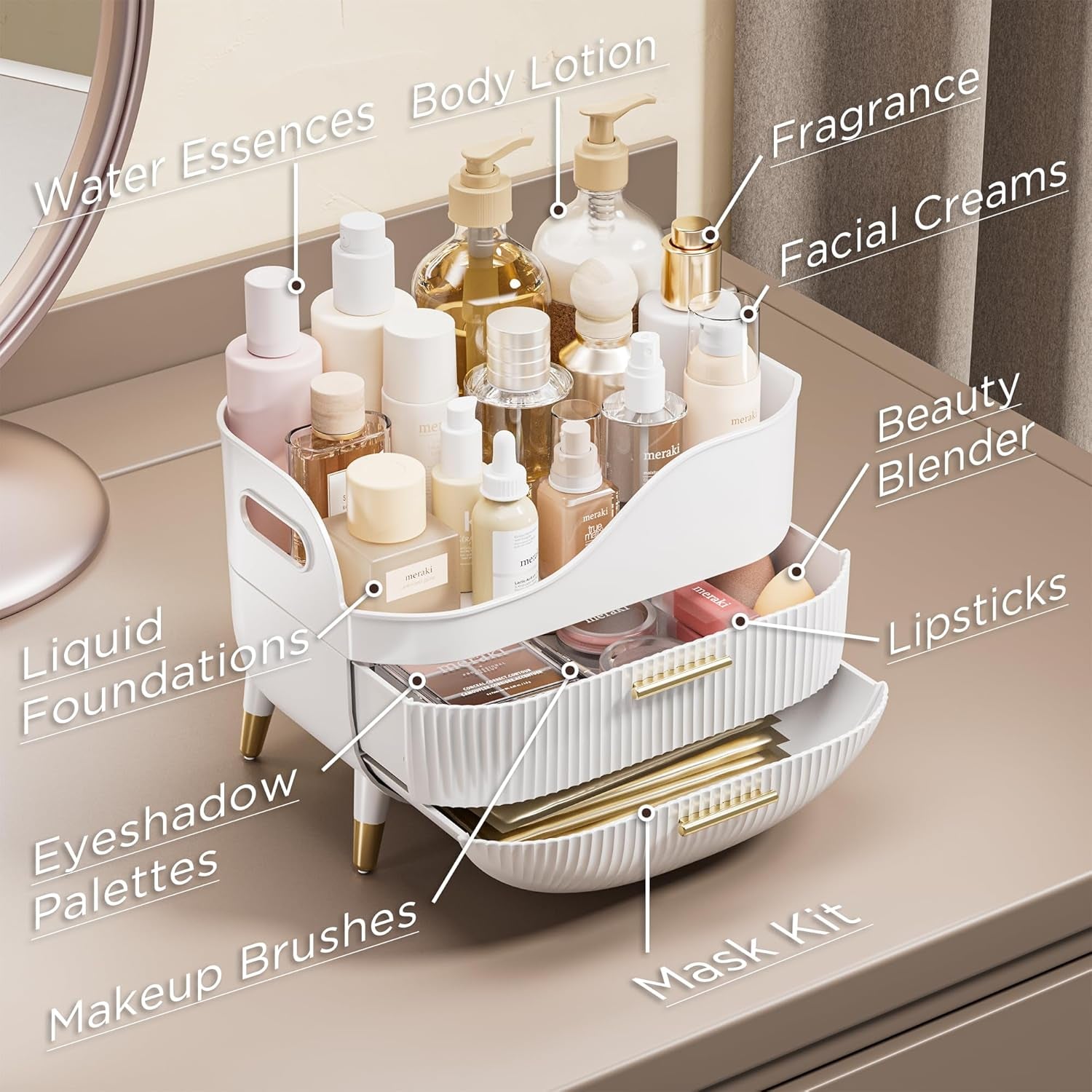 Makeup Storage Organizer with Drawers, Large Cosmetic Organisers Case for Vanity, Skincare Organiser for Lipsticks, Nail Care, Ideal for Vanity, Bathroom, Desk Organization (White)