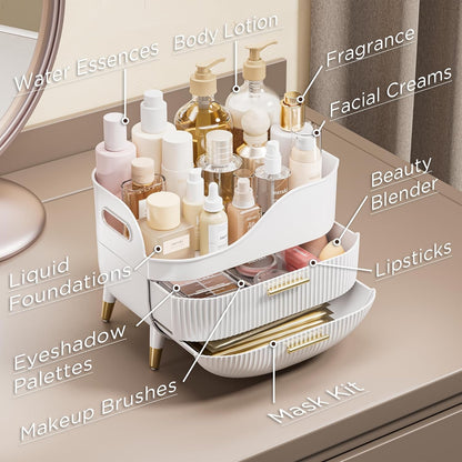 Makeup Storage Organizer with Drawers, Large Cosmetic Organisers Case for Vanity, Skincare Organiser for Lipsticks, Nail Care, Ideal for Vanity, Bathroom, Desk Organization (White)