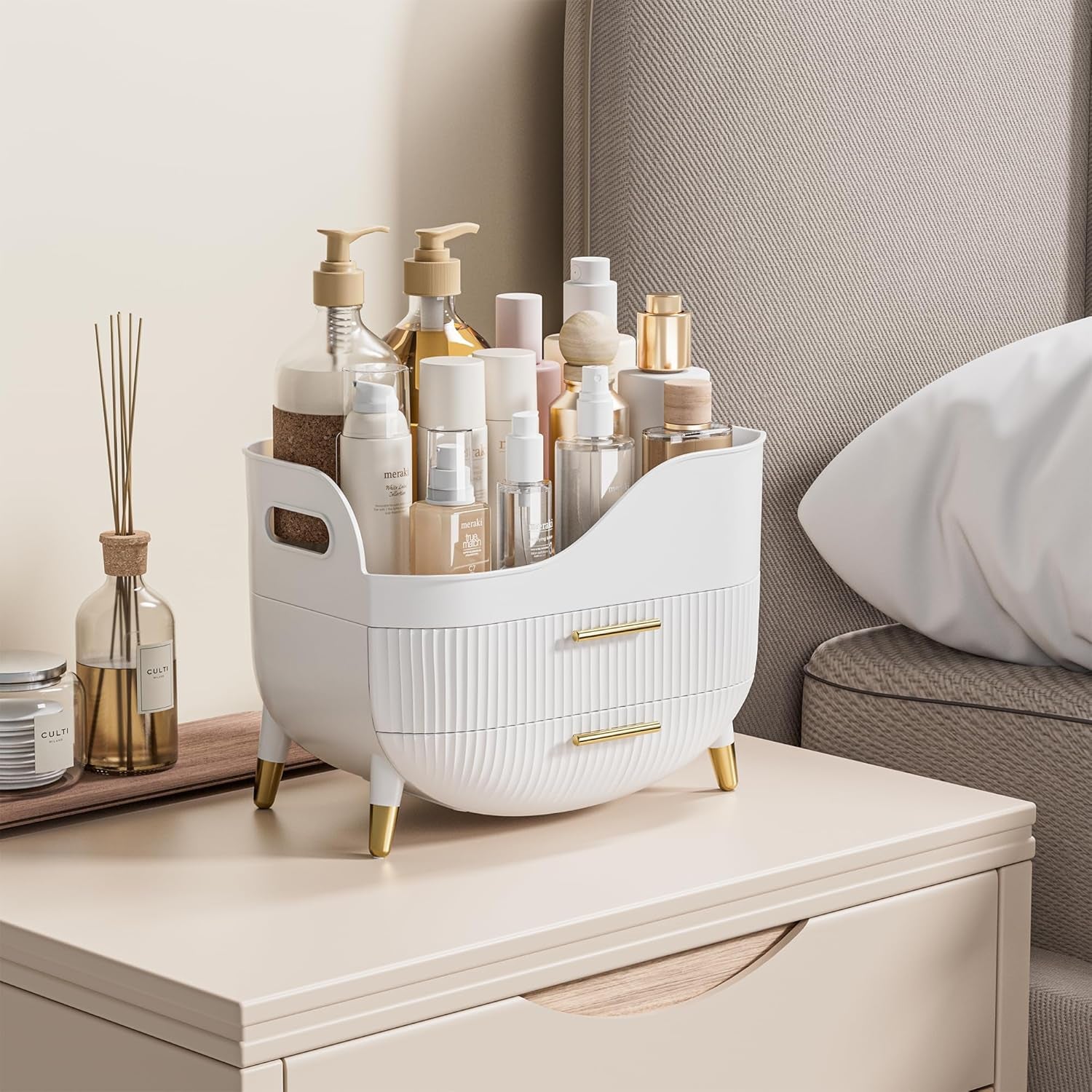 Makeup Storage Organizer with Drawers, Large Cosmetic Organisers Case for Vanity, Skincare Organiser for Lipsticks, Nail Care, Ideal for Vanity, Bathroom, Desk Organization (White)