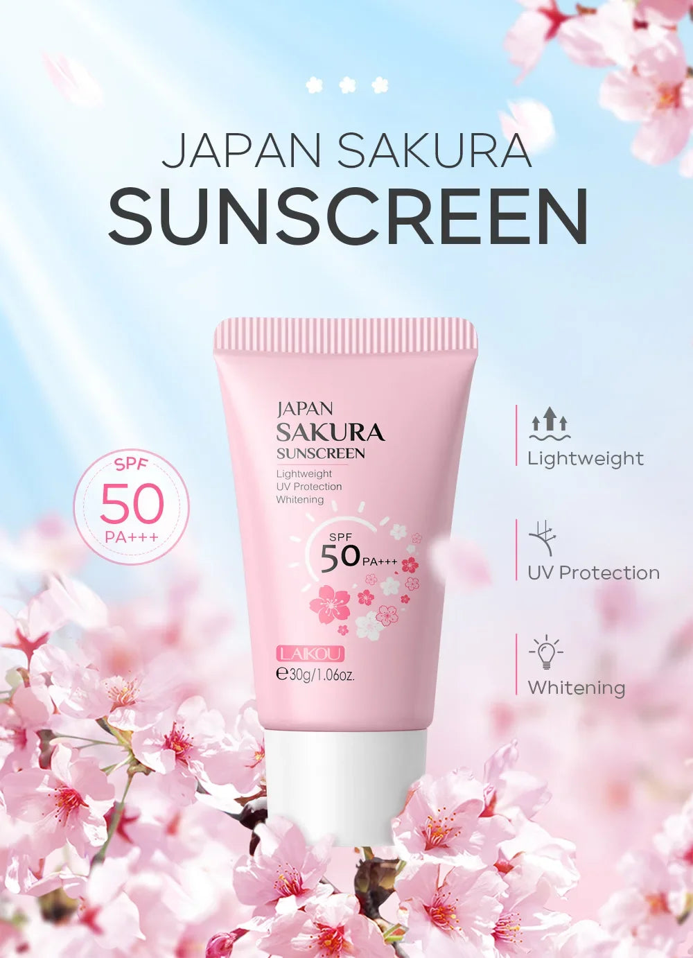 Sakura Cream Korean Sunscreen Protector Facial Sun Blocker Spf50 Isolation Lotion Moisturizer 30G