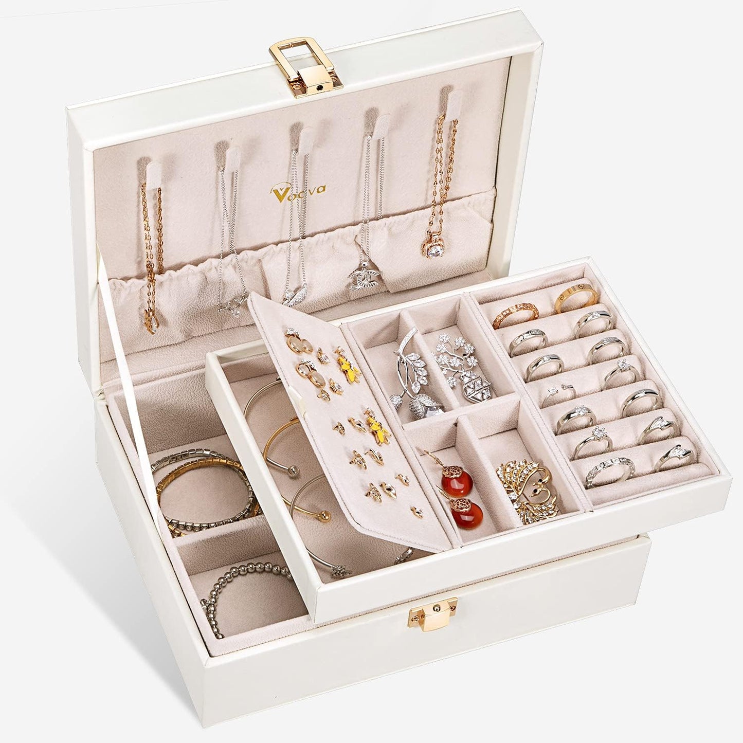 Jewellery Box Organiser for Women Girls, 2 Layers Large Jewelry Storage Case, PU Leather Jewlerrying Display Holder with Removable Tray for Necklace Earrings Rings Bracelets, Gifts, White