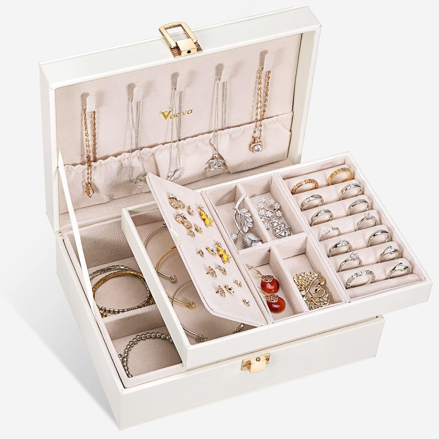 Jewellery Box Organiser for Women Girls, 2 Layers Large Jewelry Storage Case, PU Leather Jewlerrying Display Holder with Removable Tray for Necklace Earrings Rings Bracelets, Gifts, White
