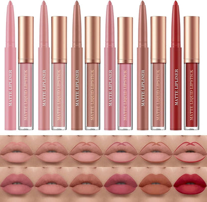 12 Pcs Liquid Lipstick Lipliner Set Nude Lipliner Matte Lipstick Long Lasting Non-Fading Waterproof Lip Glosses Makeup Set Gift for Women (Set C)
