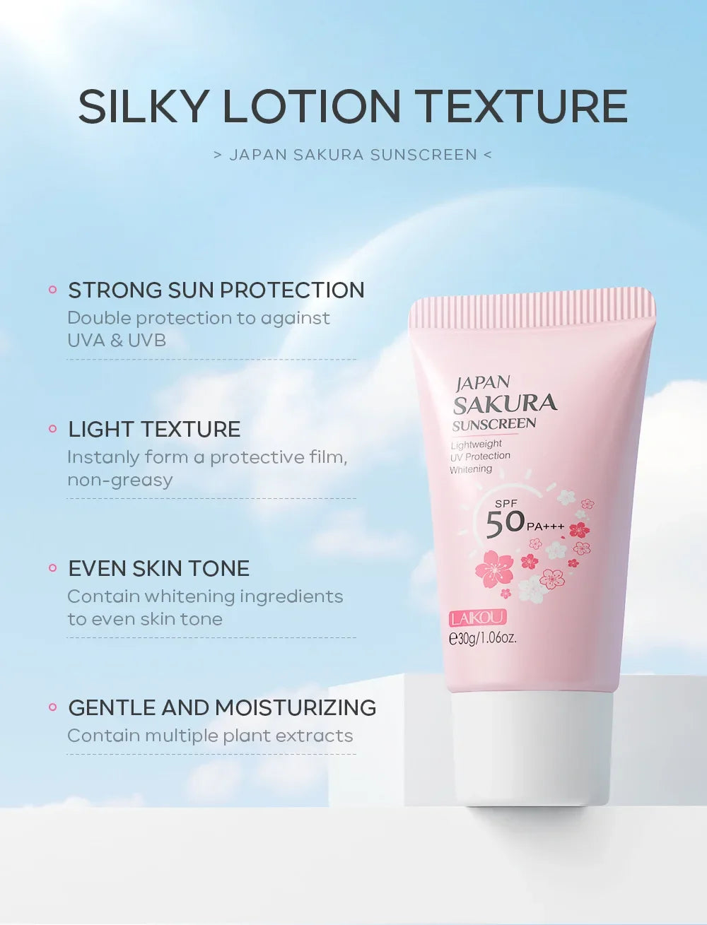 Sakura Cream Korean Sunscreen Protector Facial Sun Blocker Spf50 Isolation Lotion Moisturizer 30G