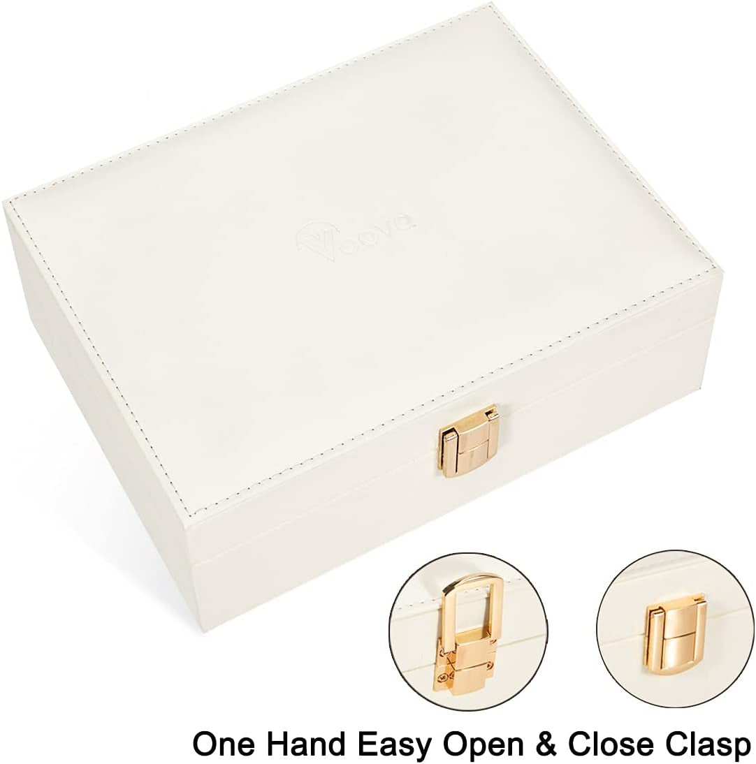 Jewellery Box Organiser for Women Girls, 2 Layers Large Jewelry Storage Case, PU Leather Jewlerrying Display Holder with Removable Tray for Necklace Earrings Rings Bracelets, Gifts, White