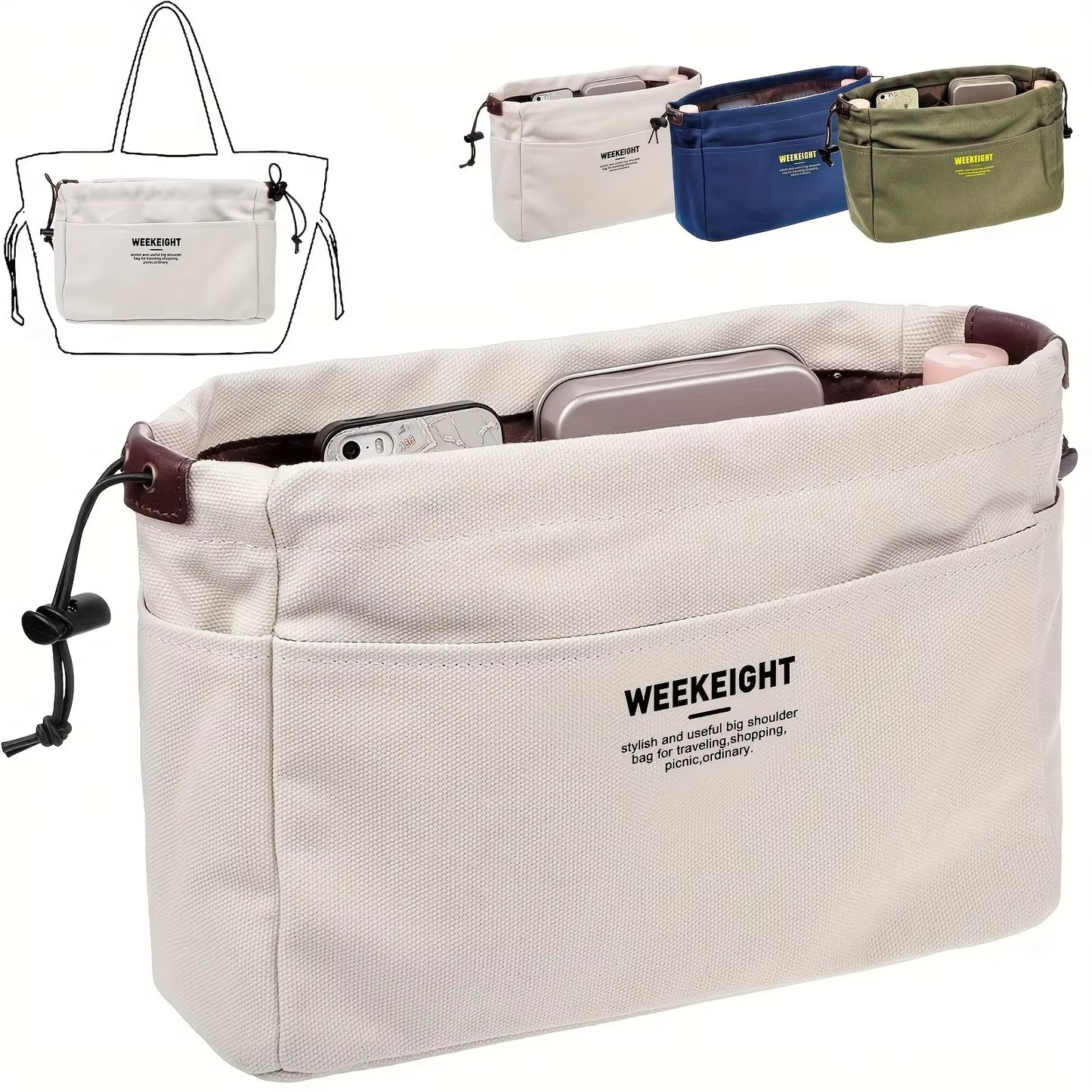 1/2Pcs Drawstring Canvas Storage Organizers Multi-Pockets Liner Bag Lightweight Portable Travel Storage Bag