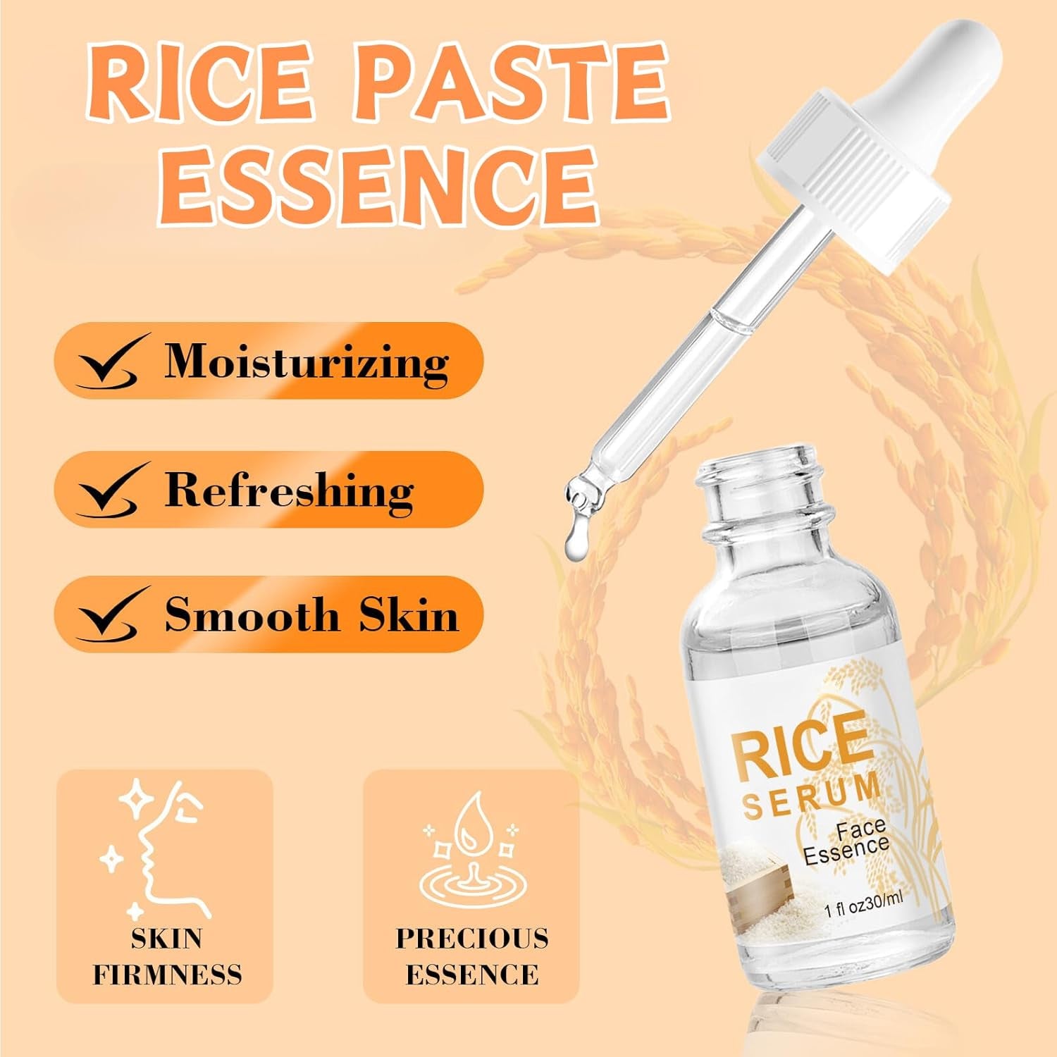 Rice Serum - Korean Anti-Wrinkle & Brightening Face with Hyaluronic Acid, Hydrating Formula for Dull Skin, Moisturizing & Nourishing Skincare Essence 30Ml
